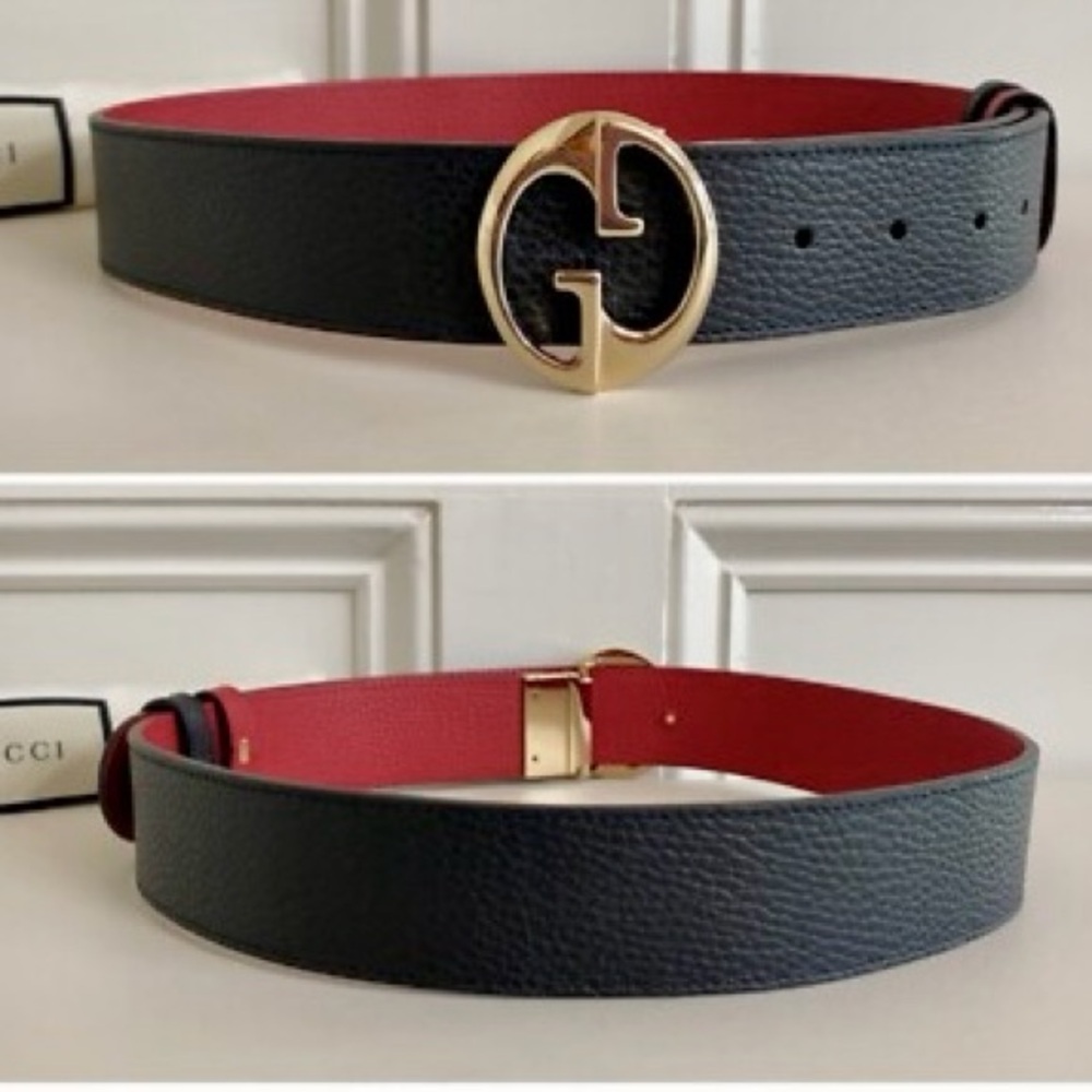 GUCCI Reversible Red/Blk Logo GG Gold Hardware Leather Peg Buckle Belt 90/36 - Picture 12 of 14